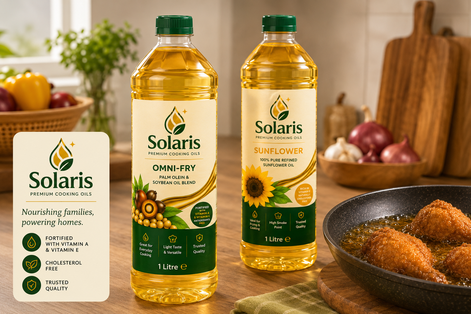 Solaris Omni-Fry and Sunflower cooking oil bottles