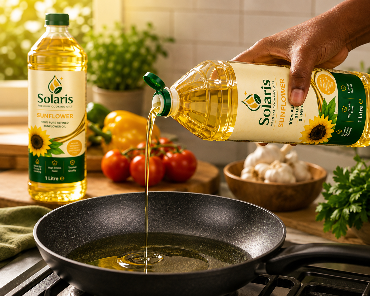 Solaris Sunflower cooking oil bottle and oil being poured into a pan
