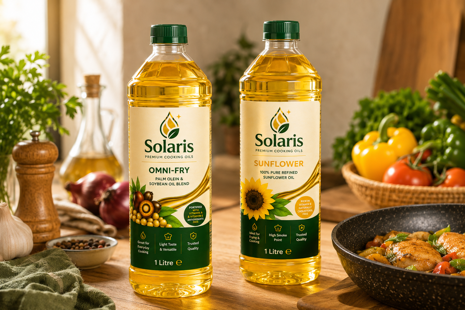 Two Solaris cooking oil bottles in a kitchen