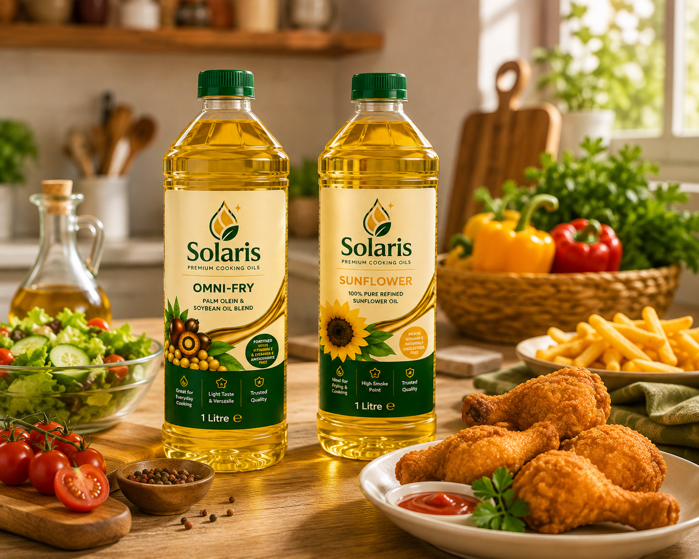 Solaris Omni-Fry and Sunflower bottles alongside prepared food